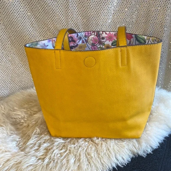 Reversible leather handbag Vegan purse Floral Print Dandelion Mustard Gold - Picture 4 of 10